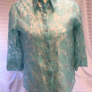 Alfred Dunner Peties 8P Women's Blue Sparkle Sequin Long Sleeve Dress Shirt Top